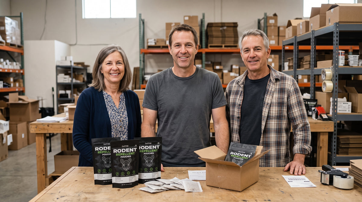 Three people standing behind rodent-repellent pouches in a warehouse